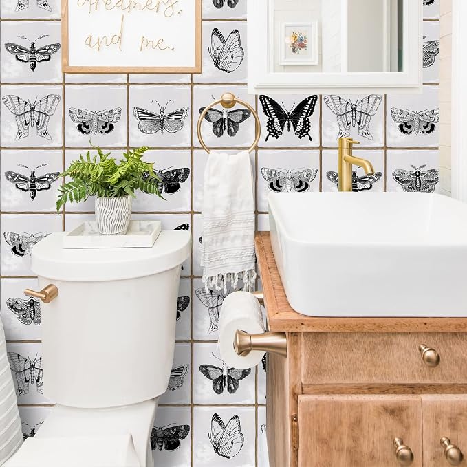Alwayspon Vinyl Sticker Peel and Stick, Self-Adhesive Wall Tile Transfers Backsplash Sticker Decal for Kitchen Bathroom, 6x6inch/15x15cm 30Pcs, Butterfly T036