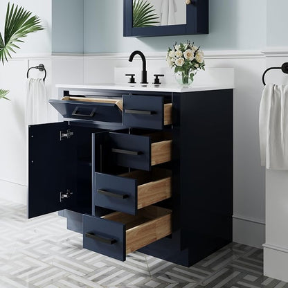 36-Inch Bathroom Vanity with Sink W/ 2 Doors & 4 Drawers & 1 Flip Drawer,Navy Blue Vanity W/Matte Black Handles