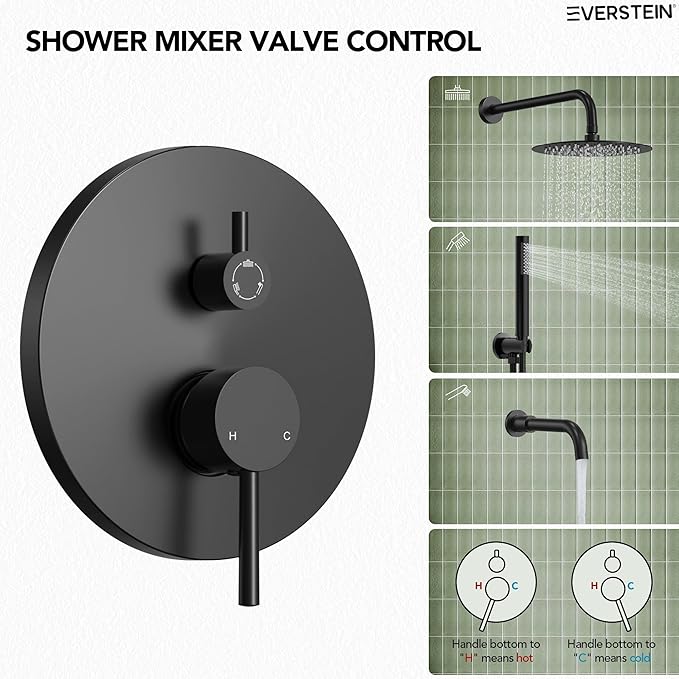 10" High-Pressure Rainfall Shower System with Handheld Spray, Wall Mount Bathroom Shower Faucet Set with Tub Spout (Matte Black)