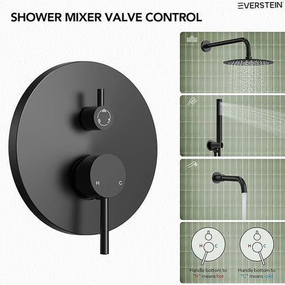 10" High-Pressure Rainfall Shower System with Handheld Spray, Wall Mount Bathroom Shower Faucet Set with Tub Spout (Matte Black)