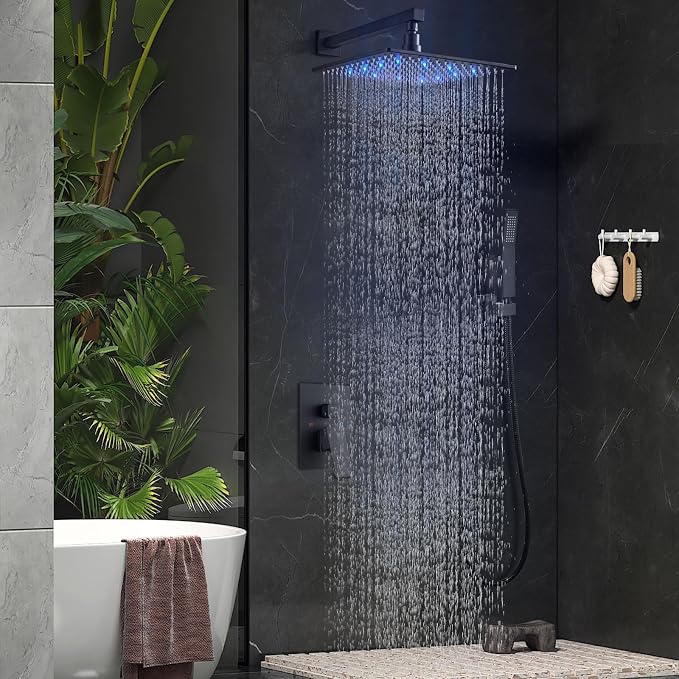 Aolemi Shower Faucet Set with Valve Handheld 12" LED Head Matte Black | Handheld Spray,12 Inch Rain LED Head,Valve and Trim Kit,All Metal,Wall Mount Shower System,Bathroom Mixer