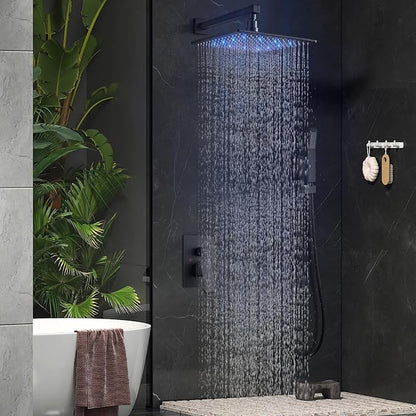 Aolemi Shower Faucet Set with Valve Handheld 12" LED Head Matte Black | Handheld Spray,12 Inch Rain LED Head,Valve and Trim Kit,All Metal,Wall Mount Shower System,Bathroom Mixer