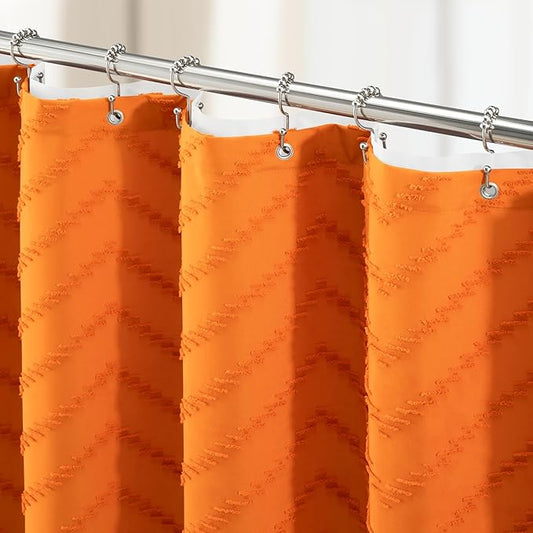 Dynamene Long Shower Curtain and Liner Set - 78 inch Tall Boho Shower Curtain and Waterproof Clear Liner, Tufted Chevron Striped Textured Tassel Shower Curtains for Bathroom, 12 Hooks, 72x78, Orange