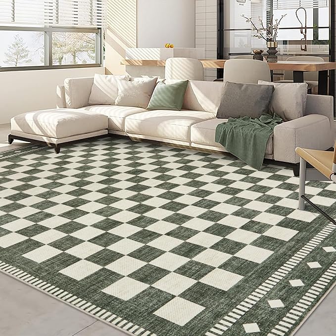 Garvee Washable Rugs 8x10 Checkered Sage Green Living Room Rug Non Slip | Farmhouse Geometric Large Area Rug Low Pile Stain Resistant Carpet for Classroom Bedroom Nursery Dining Room 8'x10'