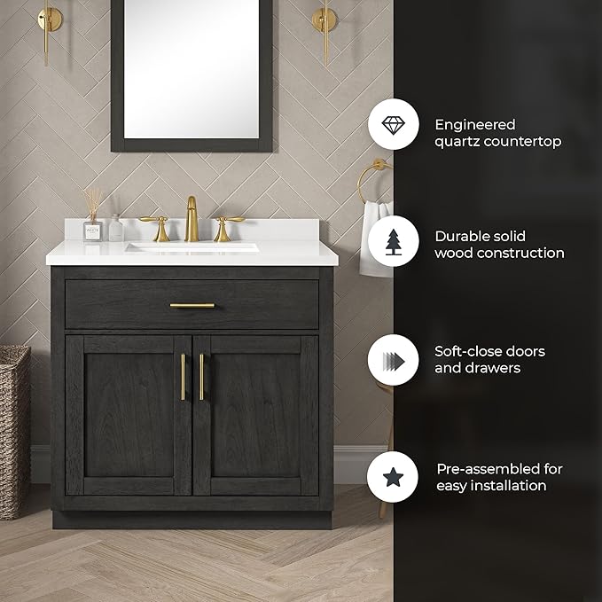 OVE Decors Bailey 36 in. Single Sink Freestanding Matte Black Wood Bathroom Vanity with White Quartz Top and Matching Backsplash