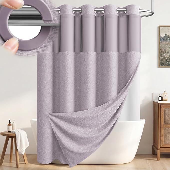 Lavender Ringless Linen Look Shower Curtain with Snap in Liner, 72x75 | 3 in 1 Modern Shower Curtain Set, Removable Liner, Waterproof & Washable, Mesh Top Window, Durable Fabric, Easy to Install