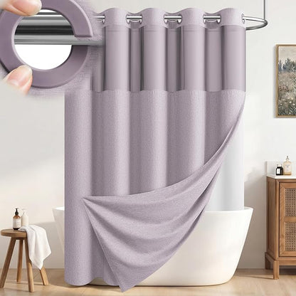 Lavender Ringless Linen Look Shower Curtain with Snap in Liner, 72x75 | 3 in 1 Modern Shower Curtain Set, Removable Liner, Waterproof & Washable, Mesh Top Window, Durable Fabric, Easy to Install