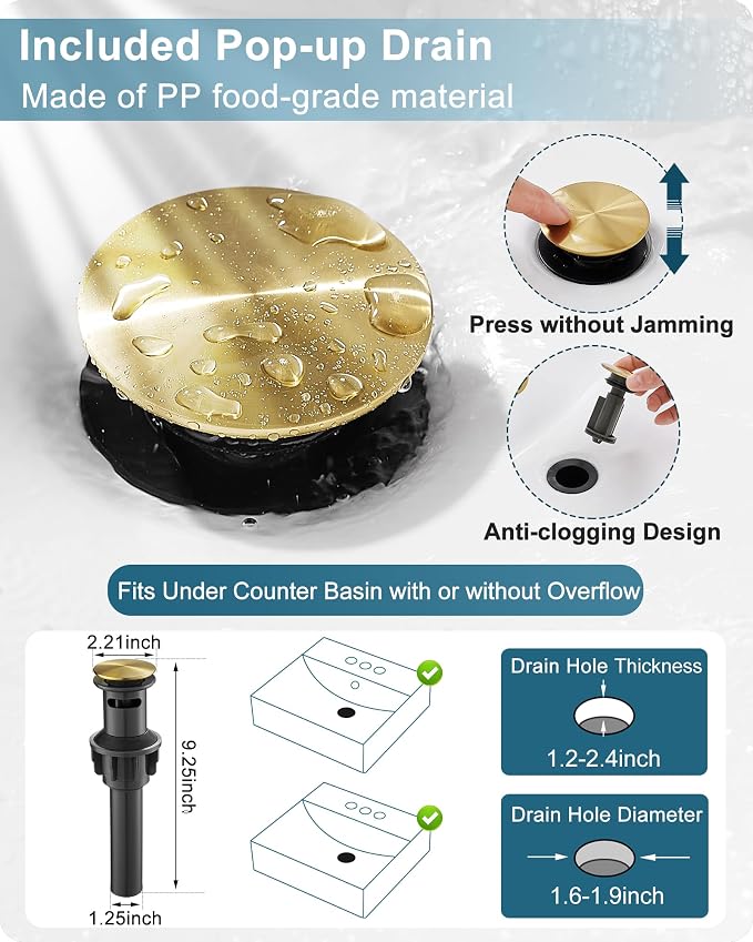 Gold Bathroom Faucet Waterfall, Brass Bathroom Faucets Single Hole or 3 Hole 4 Inch, Single Handle Bathroom Sink Faucet with Deck Plate & Drain