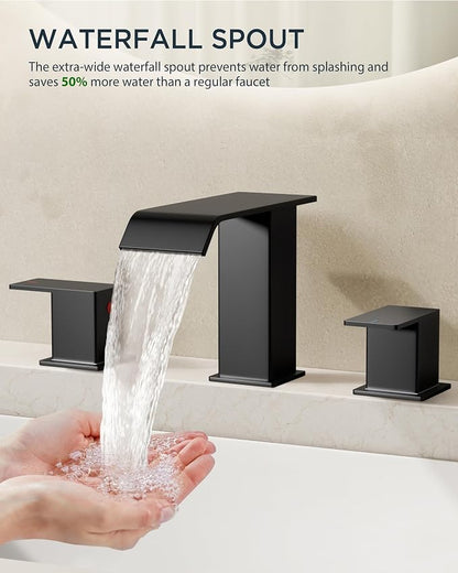 FORIOUS Bathroom Faucet 3 Hole 8" Widespread Sink Faucets Matte Black | 3-hole 4-12 Inch Widespread Sink, Square Waterfall Spout, with Drain and Hoses,for Vanity Rv Commercial Lavatory Restroom