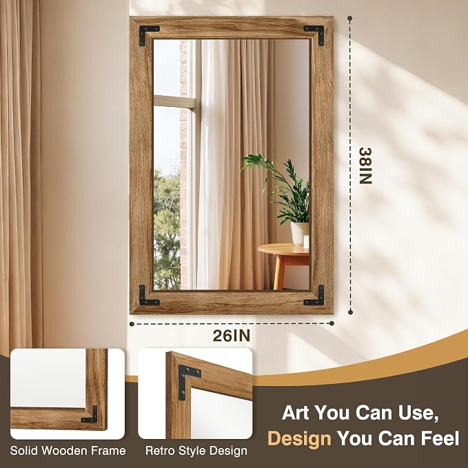 Bathroom Mirror for Wall, 26" x 38" Wooden Vanity Mirror | Solid Wood Frame, Rustic Farmhouse Style, Shatterproof Glass, for Bedroom, Living Room, Entryway Decor, Vertical/Horizontal