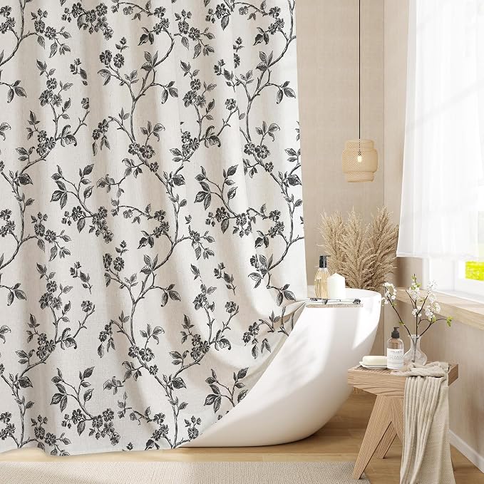 MitoVilla Black Linen Floral Shower Curtain for Bathroom, 72 x 72 | Black BoHo Cottagecore Spring Shower Curtains, Modern Farmhouse Country Plant Leaves Bathroom Décor, 72 x 72