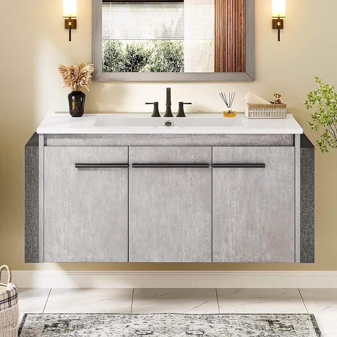 DWVO Modern 36" Bathroom Vanity with Sink Combo, Wall Mounted, White + Gray, 2 Soft-Close Doors, 1 Large Storage Cabinet, Ceramic Sink, Bathroom Storage