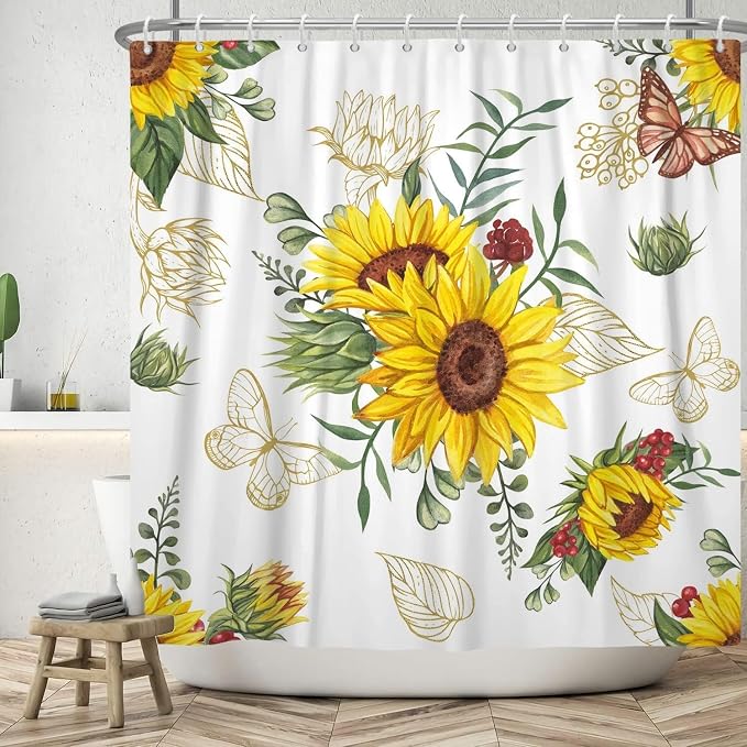 AWERT Vibrant Sunflower Shower Curtain for Bathroom,Waterproof Fabric Plants Shower Curtain with Hooks 60x72 inch