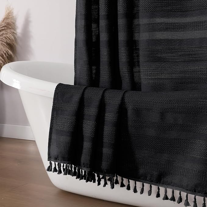 Black Stripe Shower Curtain for Bathroom, Boho Linen Textured Shower Curtain with Tassel, Minimalist Modern Heavy Duty Vintage Country Bathroom Curtain, 72Wx72L Inches