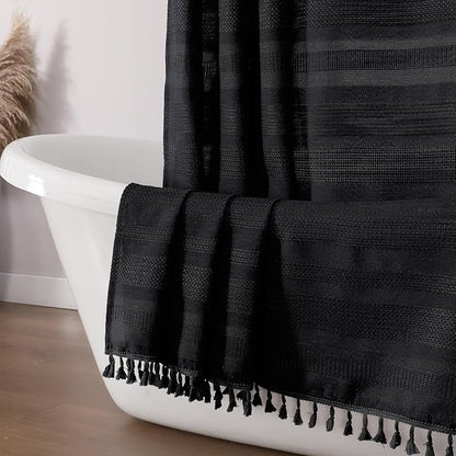 Black Stripe Shower Curtain for Bathroom, Boho Linen Textured Shower Curtain with Tassel, Minimalist Modern Heavy Duty Vintage Country Bathroom Curtain, 72Wx72L Inches