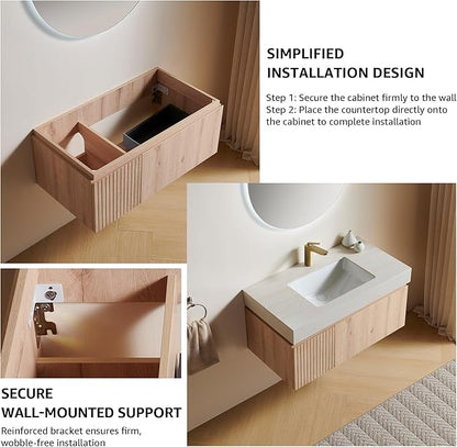 36” Floating Bathroom Vanity with Sink, Wall-Mounted Cabinet with Drawer & Doors, Roma Travertine-Pattern Countertop, Undermount Basin, Single Faucet Hole, Soft-Close, Pre-Assembled, Light Oak