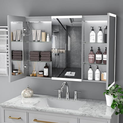 LED Lighted Medicine Cabinet with Mirror, 48x32 Inches, Recessed or Wall Mounted, Anti-Fog, 3 Color Temperature, Adjustable Brightness, Bathroom Storage Cabinet