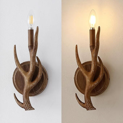 JONATHAN Y 5.5" Brown 1-Light Wood Finish Faux Antler LED Vanity Light Set of 2, Rustic Wall Sconces for Bathroom Mirror Hallway, Southwestern Farmhouse Decor, LED Bulbs Included JYL6307A-SET2