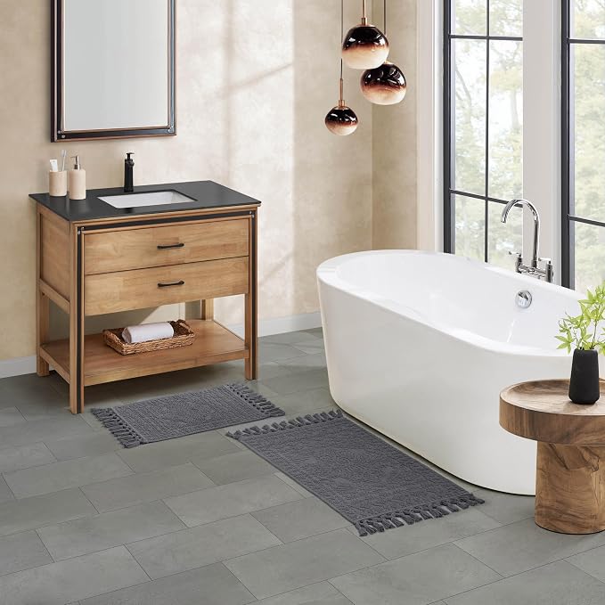 French Connection Nellore Bathroom Rugs, Set of 2 Woven and Beaded Bathroom Mats, Durable Bath Rugs, Thick Bath Mats for Bathroom and Shower Rugs, 17" x 28" and 20" x 38", Charcoal