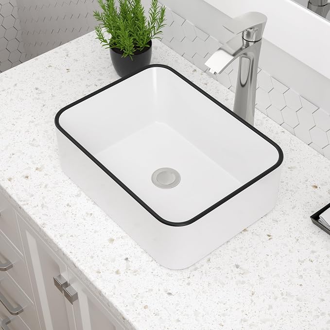 Dcolora Rectangular White Vessel Sink, 16"x12", Black Rim Ceramic Porcelain Bathroom Sink