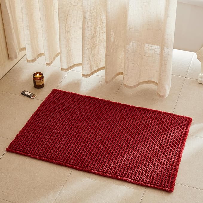 TYUU Waffle Bath Mat, Boho Bathroom Rugs Non Slip, 36x24 Burgundy | Super Absorbent Quick Dry Bath Rug, Non-Slip Backing, Soft Waffle Washable Farmhouse Bathroom Mats, Tub, Shower & Home Decor