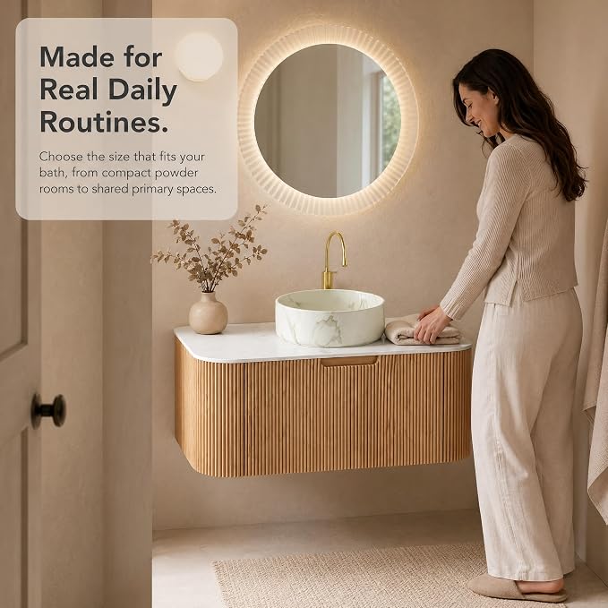 36 Inch Bathroom Vanity with Sink, Floating Wall Mounted Single Sink Vanity, Natural Woodgrain Curved Fluted Front, Stone Top, Marble-Look Round Vessel Basin, Pre-Assembled