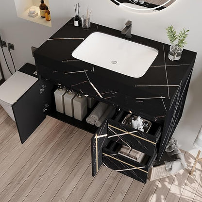 Goujxcy 35.4" Wall Mounted Bathroom Vanity with Sink, Modern Floating Bathroom Cabinet with Ceramic Sink & 2 Drawers, Wood Hanging Bath Room Cabinet with Soft-Close System (Black)