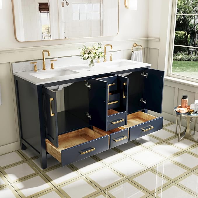 60-Inch Bathroom Vanity with Sink, Bathroom Freestanding Vanity W/ 4 Doors and 6 Drawers, Solid Wood Cabinet Vanity with Cultured Marble Countertop, Navy Blue Vanity& Brushed Gold Handles