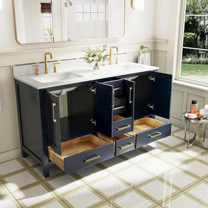 60-Inch Bathroom Vanity with Sink, Bathroom Freestanding Vanity W/ 4 Doors and 6 Drawers, Solid Wood Cabinet Vanity with Cultured Marble Countertop, Navy Blue Vanity& Brushed Gold Handles
