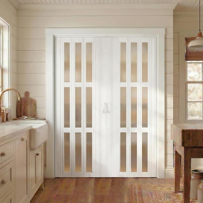 SmartStandard 60" x 80" Double Accordion Doors with Frosted Glass, White | Save Space, Full-Side Magnetic Strip, Double-Layer PVC Accordion Doors Interior for Doorway Closet, Easy to Assemble