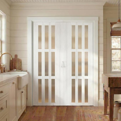 SmartStandard 60" x 80" Double Accordion Doors with Frosted Glass, White | Save Space, Full-Side Magnetic Strip, Double-Layer PVC Accordion Doors Interior for Doorway Closet, Easy to Assemble