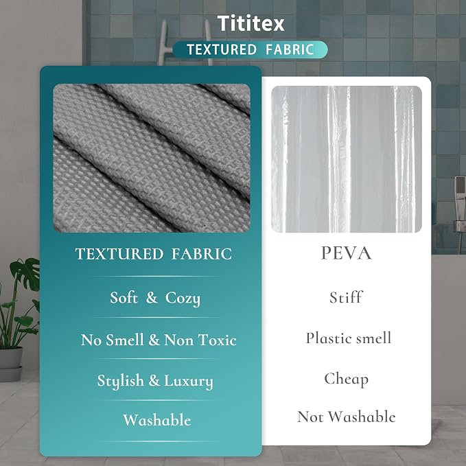 Tititex Solid Grey Cloth Fabric Shower Curtain Liner with 2 Magnets - Texture Soft Hotel Quality Waterproof Shower Liner, Light-Weight & Machine Washable 72x72 inch