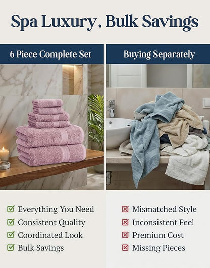 LANE LINEN Large Bath Towel Set Absorbent Quick Dry 6 Piece - Wishful Mauve | Cotton Towels - Fade-Resistant Color, Classic Terry Weave, Densely Woven, Coordinated Colors, Dobby Border Accent