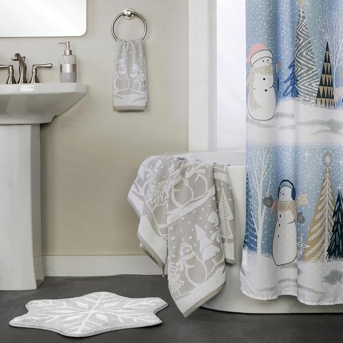 SKL Home Christmas/Winter Scenic Snowmen Bath Towel, 100% Cotton, Gray | 500 GSM. Soft & absorbent. Textured jacquard pattern. Great for holiday gifting.