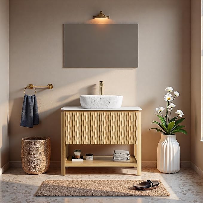 36" Bathroom Vanity with Sink, Freestanding Bathroom Storage Cabinet with Marble-Pattern Ceramic Basin & 2 Bamboo Texture Doors, Floor Stand Vanity Combo with Bottom Open Shelf, Natural