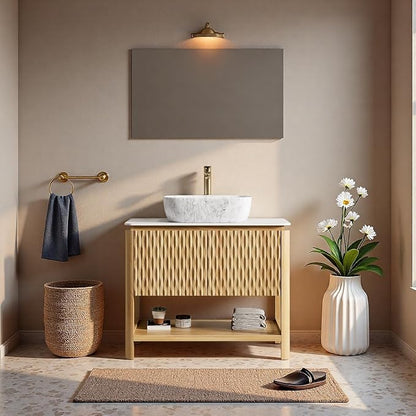 36" Bathroom Vanity with Sink, Freestanding Bathroom Storage Cabinet with Marble-Pattern Ceramic Basin & 2 Bamboo Texture Doors, Floor Stand Vanity Combo with Bottom Open Shelf, Natural