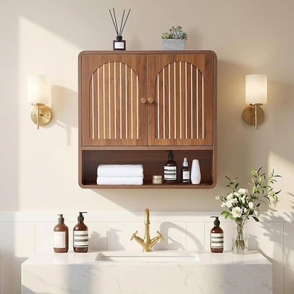 Wall Mounted Storage Cabinet Wood Medicine Cabinet, Over Toilet Organizers | Walnut Over Toilet Storage, Mid-Century Bathroom Wall Cabinet with Adjustable Shelf & Door for Bathroom Laundry Room Kitchen