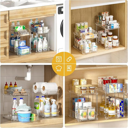 Delamu Bathroom Under Sink Organizers and Storage, 2 Pack, Clear | 2-Tier Multi-Purpose, Stackable, Pull Out Cabinet Kitchen Pantry Organization and Storage with Dividers