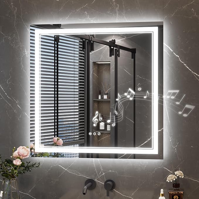 Keonjinn 30 x 30 Inch Lighted Mirrors for Bathroom Wall, Bluetooth Speaker | Frontlit & Backlit LED Mirror for Bathroom, HD Tempered Glass, 3000K/4500K/6000K, Dimmable, Fast & Safe Defogging, CRI90+