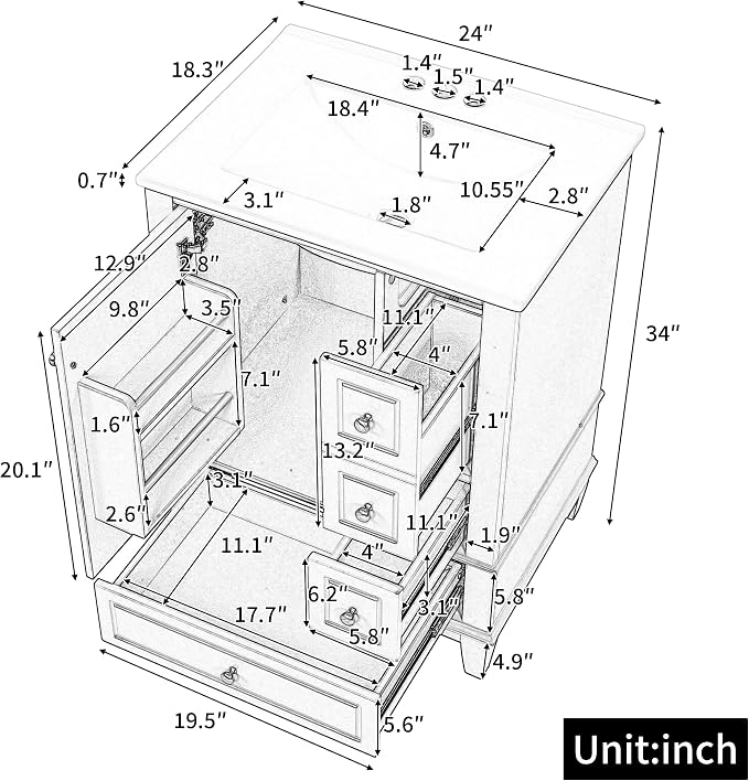 Bathroom Vanity with Ceramic Sink 24 Inch, Cabinet with One Door and Three Drawers, Soft-Closing Door, Solid Wood Legs, Green