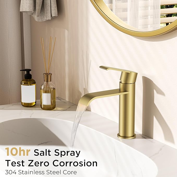 FORIOUS Brushed Gold Bathroom Faucet 1 Hole, Single Hole Gold Waterfall Faucet for Bathroom Sink with Deck Plate, Single Handle Vanity Tap Upgrade with Pop-up Drain and CUPC Hose for Rv, Lavatory