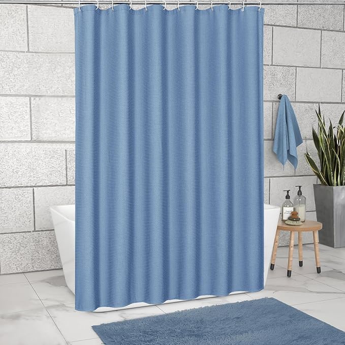 MitoVilla Blue Waffle Small Stall Shower Curtain 36 x 72, Half Size Fabric Narrow Shower Curtains for Bathroom Decor, 36 inch Weighted Shower Curtain Set with Plastic Hooks, Moonlight Blue