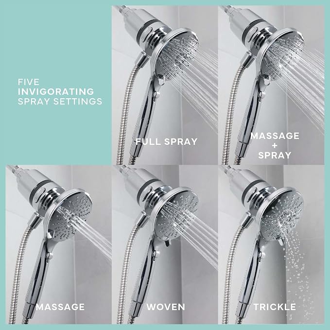 SEVENTY 5-Setting Magnetic Handheld Shower Head with Shower Filter and 59 Inch Hose in Chrome – Helps Reduce Chlorine and Impurities for Healthier Hair, Skin and Scalp, Easy to Install (12158)