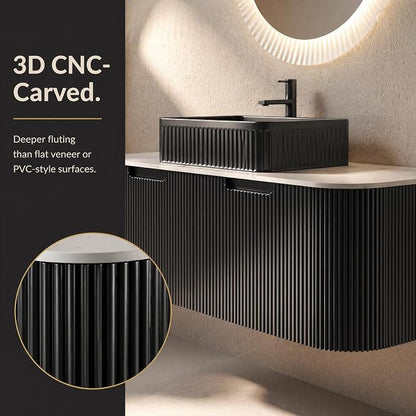 48 Inch Bathroom Vanity with Sink, Floating Wall Mounted Single Sink Vanity, Black Curved Fluted Front, Stone Top, Black Textured Rectangular Vessel Basin, Pre-Assembled