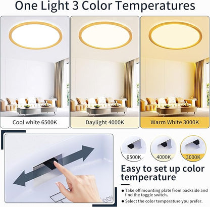 MOONSEA 16 Inch Flush Mount LED Ceiling Light Fixture 32W, 3200LM Dimmable 3000K/4000K/6500K 3 Color Selectable, Low Profile Ceiling Lamp for Kitchen Bedroom Hallway, Gold
