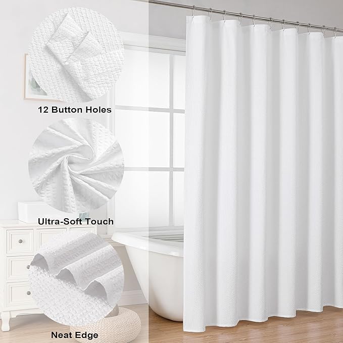 OVZME Extra Long Shower Curtain, 72x90 inch Long Embossed Textured Fabric Shower Curtains for Bathroom - Soft Cloth & Hotel Spa Luxury, Water Repellent, Machine Washable Bath Curtain, White