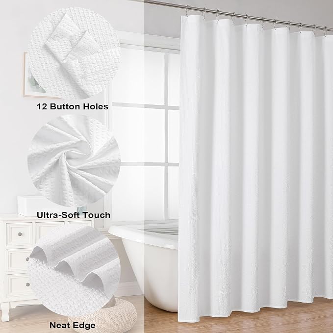 Extra Long Shower Curtain, 72x90 inch Long Embossed Textured Fabric Shower Curtains for Bathroom - Soft Cloth & Hotel Spa Luxury, Water Repellent, Machine Washable Bath Curtain, White