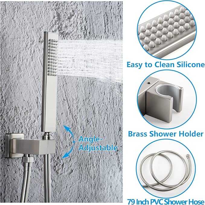 SKOWLL Brushed Nickel Shower System with Body Jets 12 Inch LED Rain Shower Head with Handheld, Wall Mounted Shower Faucet Set Rough in Mixer Valve and Trim Included