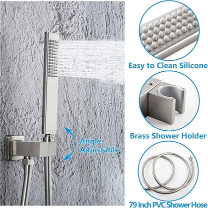 SKOWLL Brushed Nickel Shower System with Body Jets 12 Inch LED Rain Shower Head with Handheld, Wall Mounted Shower Faucet Set Rough in Mixer Valve and Trim Included