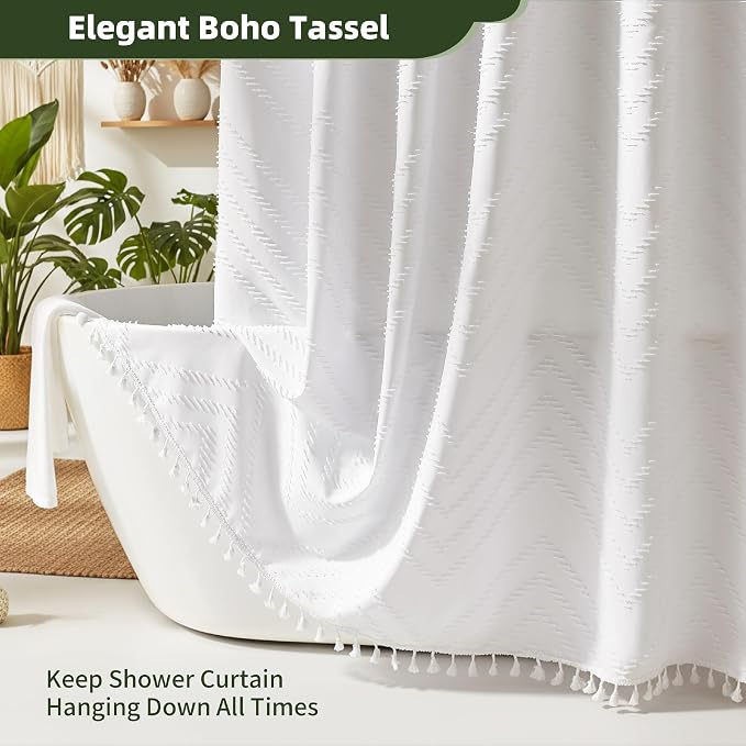 Siiluminisoy Boho Shower Curtain White Tassel Woven Fabric Shower Curtain 60 x 72 Modern Farmhouse Textured Tufted Chevron Striped Minimalist for Bathroom, Closet Door